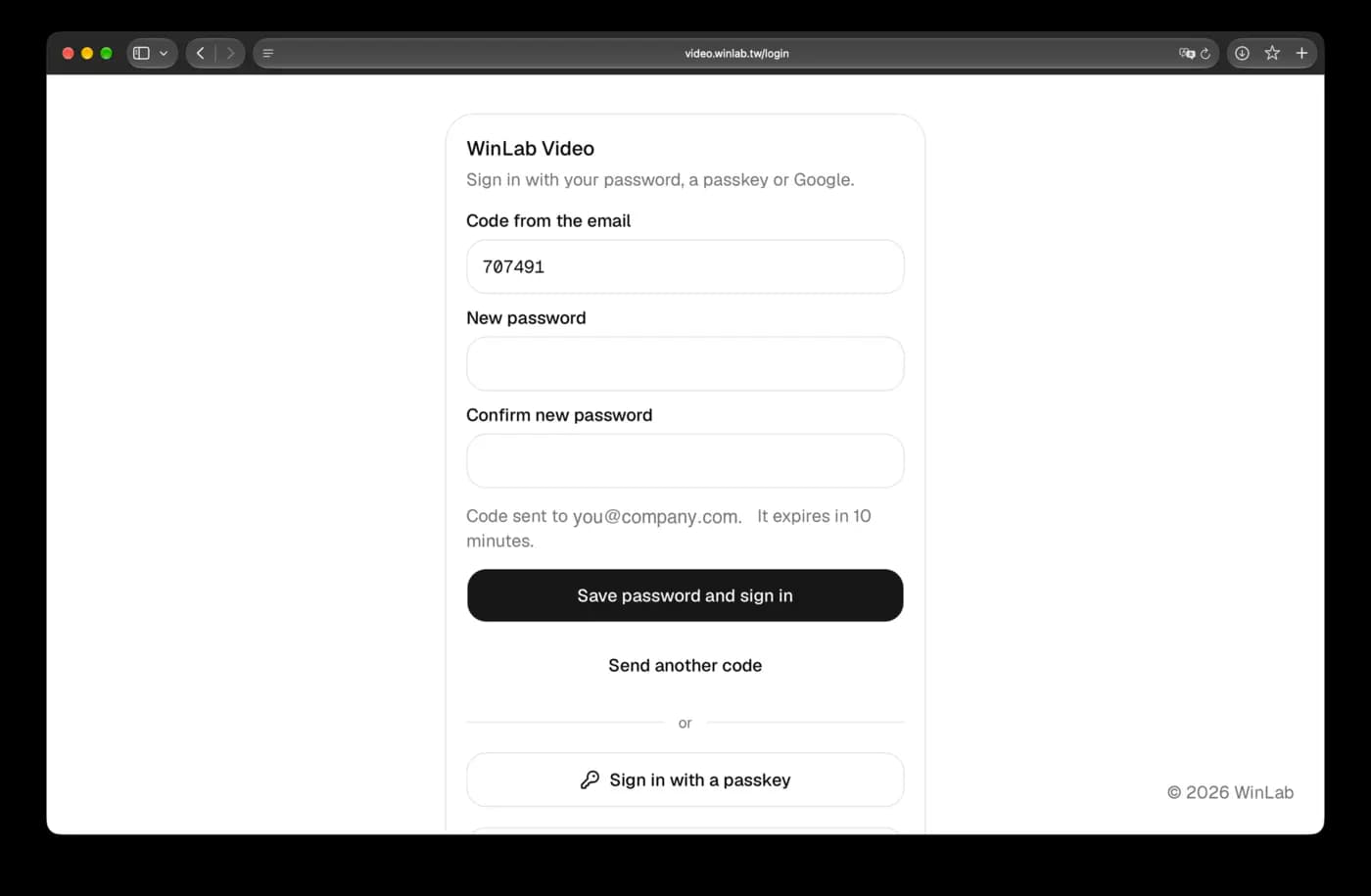 驗證碼、New password、Confirm new password 欄位與 Save password and sign in 按鈕